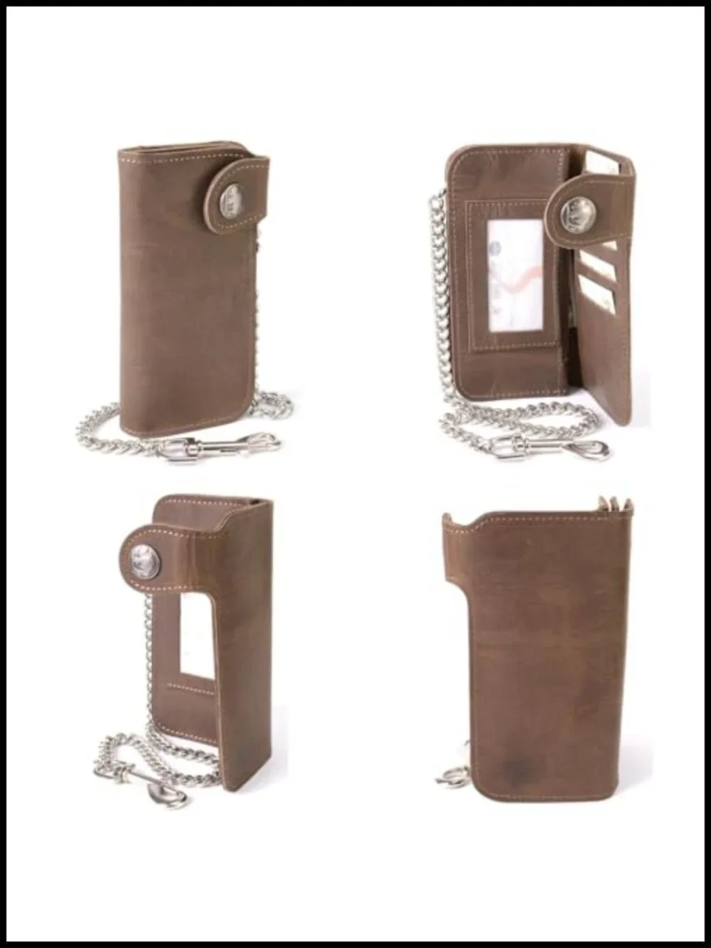 Full-Grain Leather Biker Bifold Wallet with Removable Steel Chain